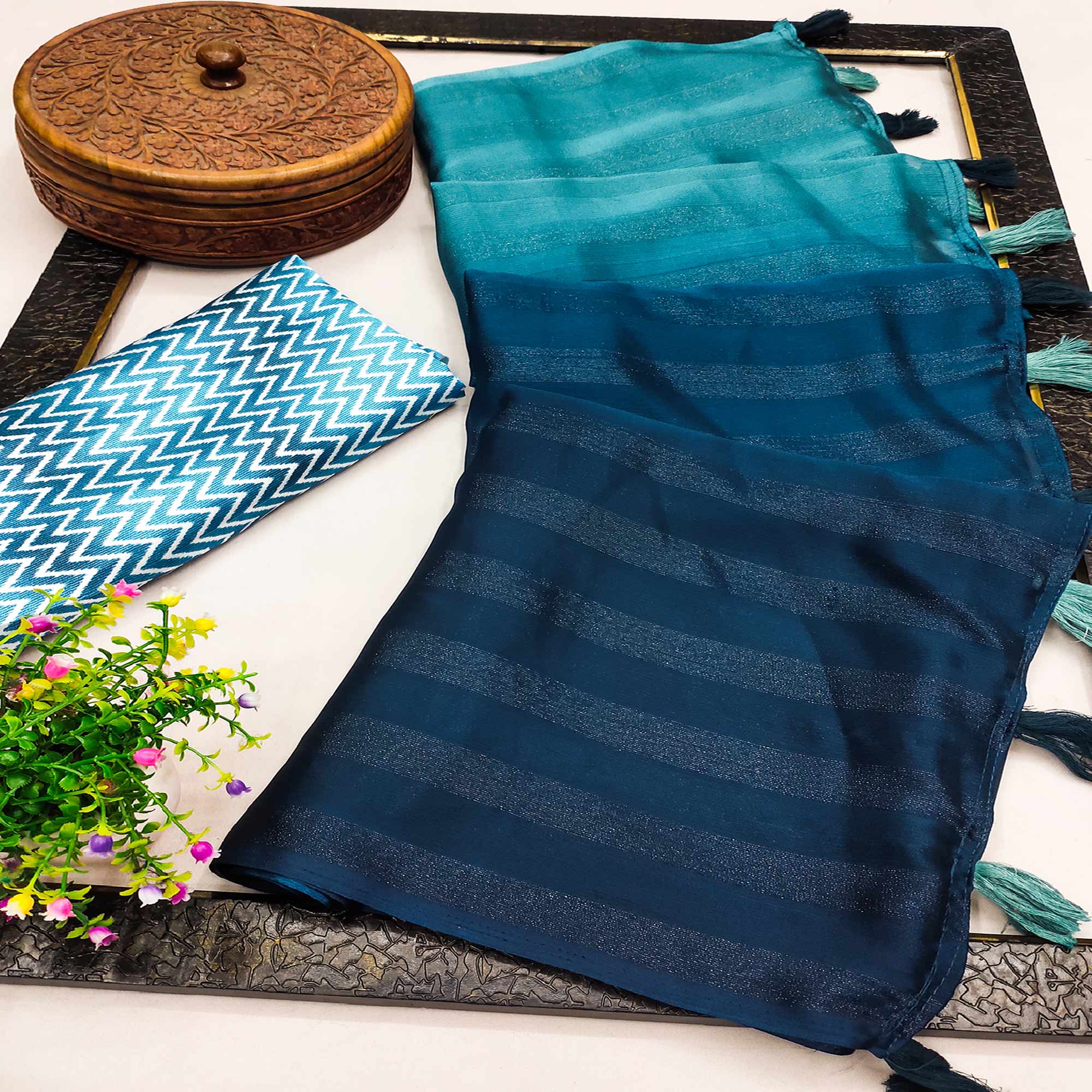 Blue Woven Art Silk Saree With Tassels