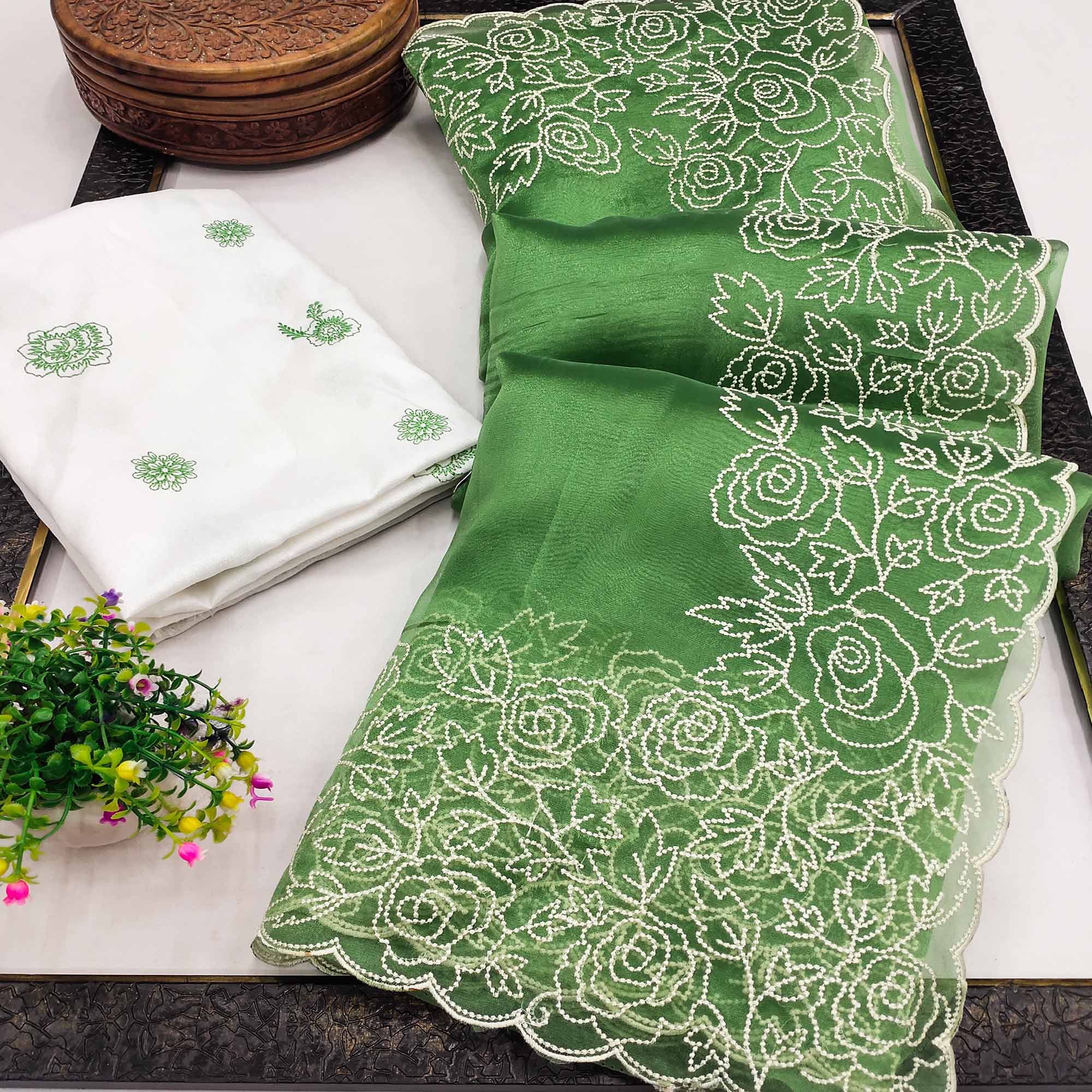 Green Embroidered Organza Saree