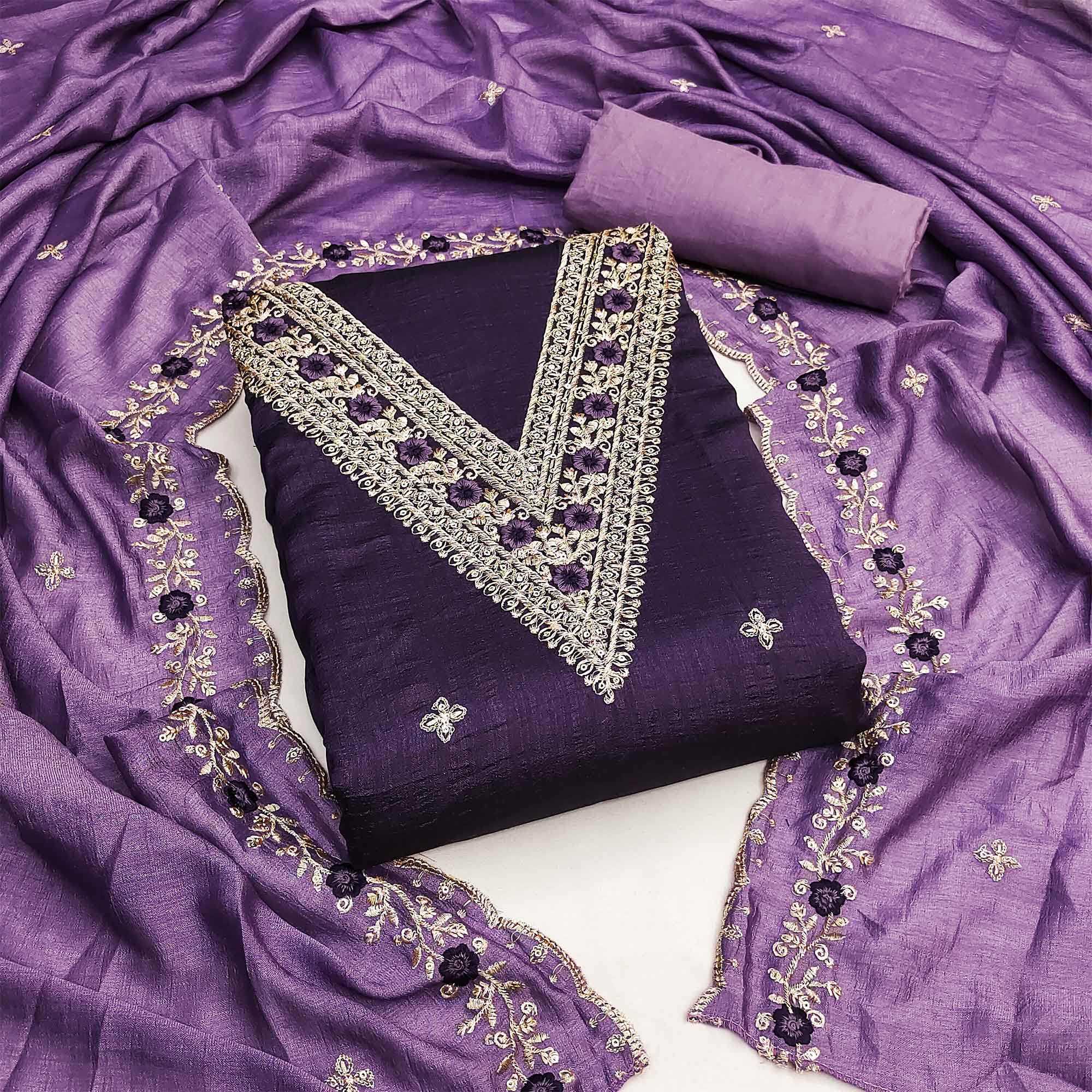 Purple Floral Embroidered Vichitra Silk Dress Material