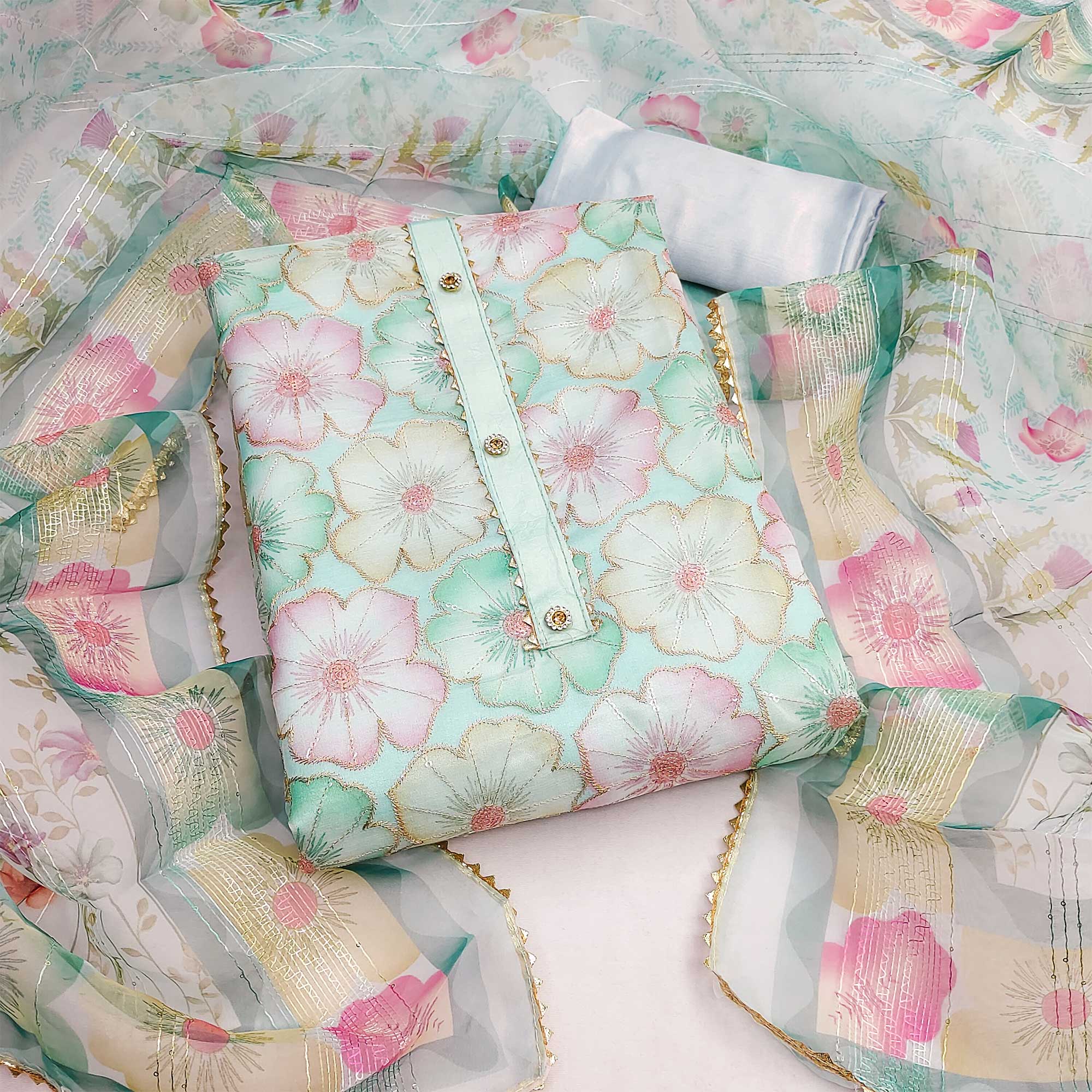 Light Turquoise Floral Printed Organza Dress Material