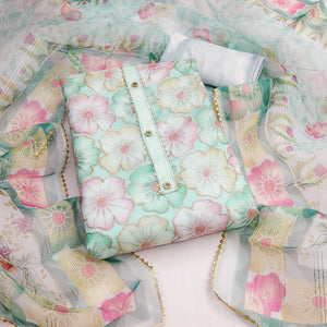 Light Turquoise Floral Printed Organza Dress Material
