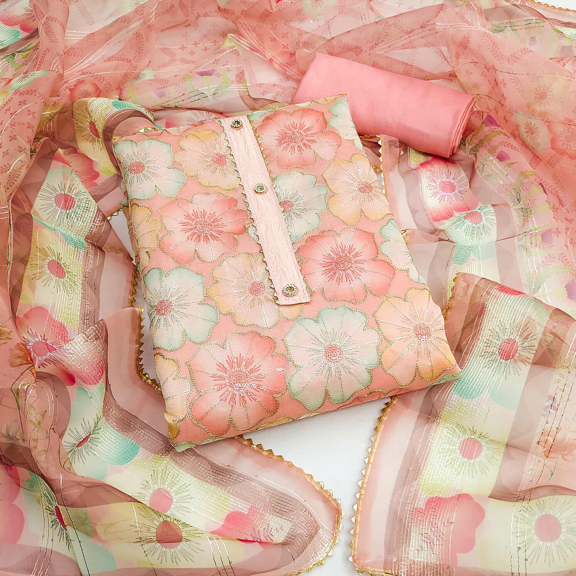 Peach Floral Printed Organza Dress Material