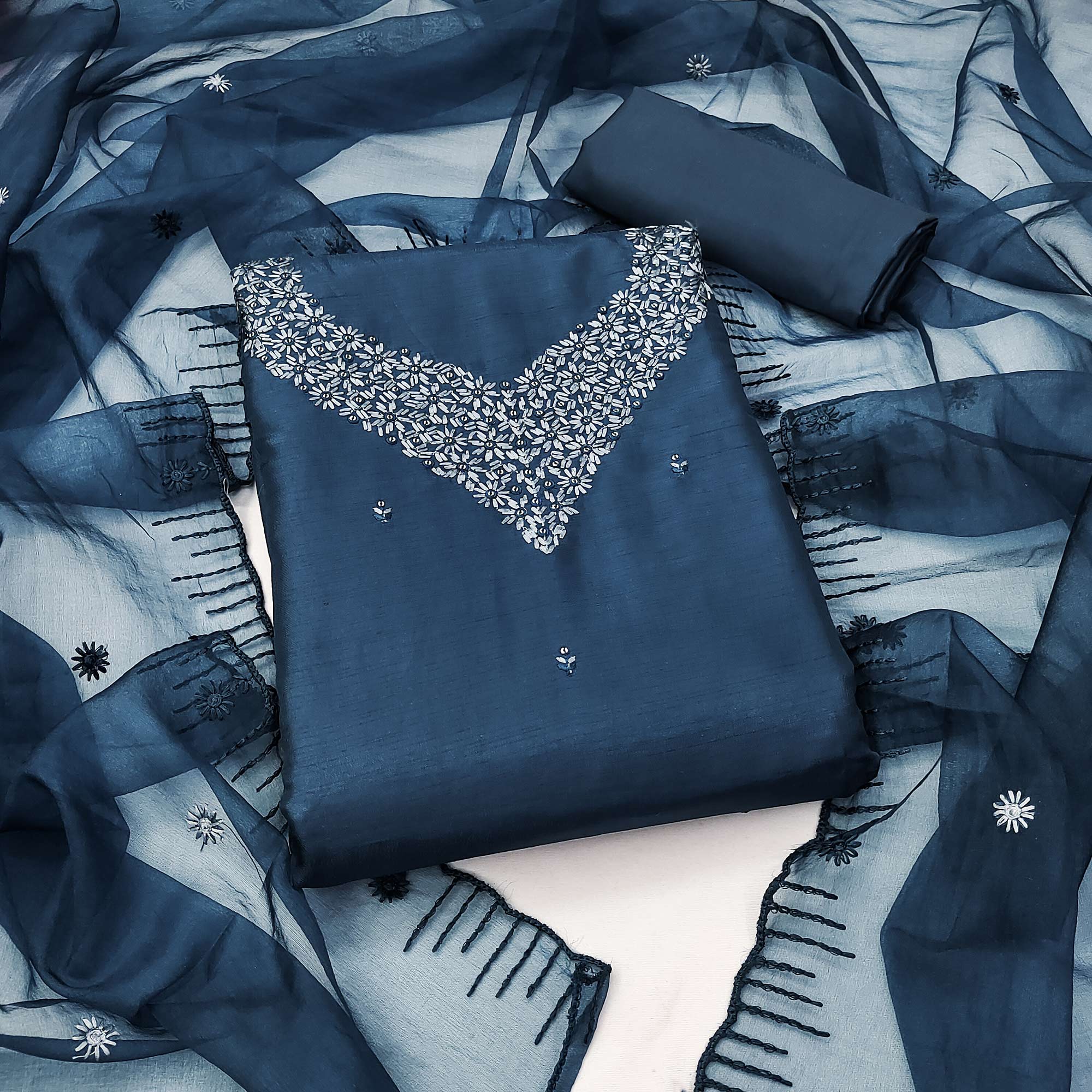 Teal Sequins Embroidered Art Silk Dress Material