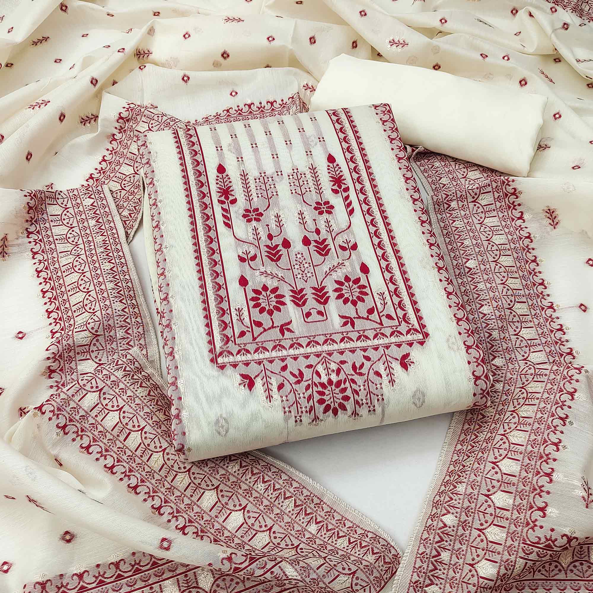 Off White & Maroon Woven Pure Cotton Dress Material