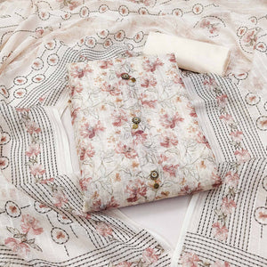 Cream Floral Printed Linen Dress Material