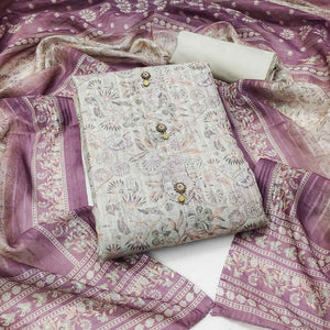 Cream Floral Printed Linen Dress Material