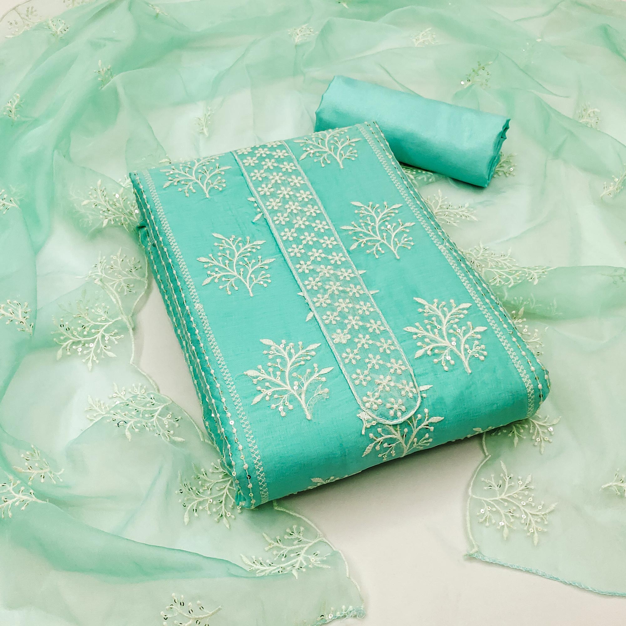 Turquoise Embroidered Chanderi Dress Material
