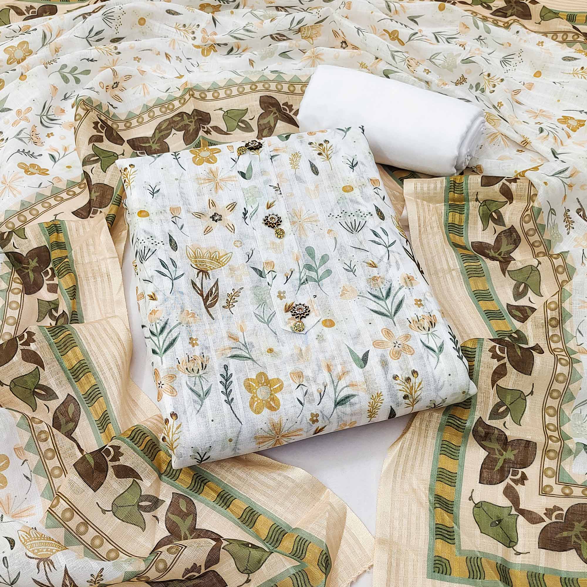 White Floral Printed Pure Cotton Dress Material