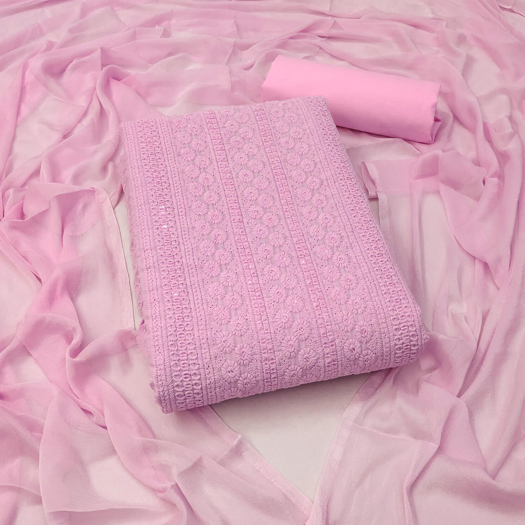 Pink Lucknowi Embroidered Pure Cotton Dress Material