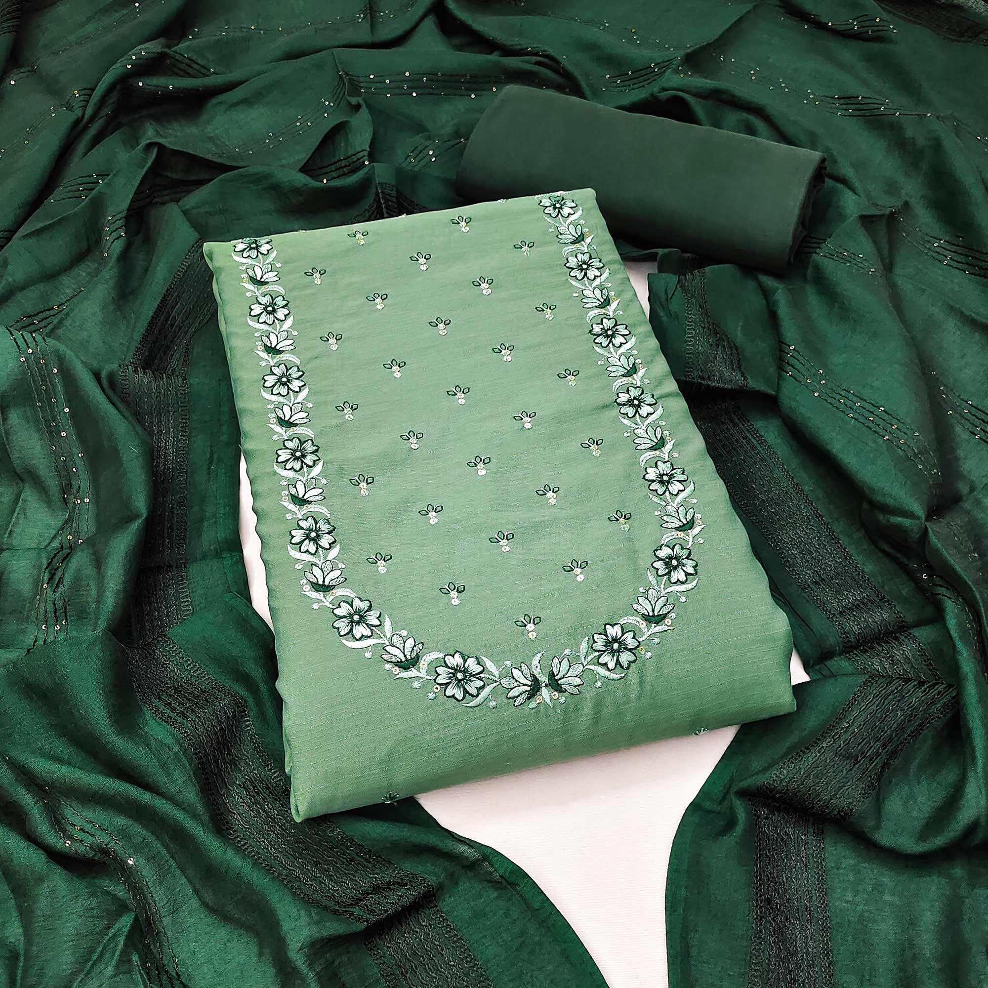Green Embroidered Pure Cotton Dress Material