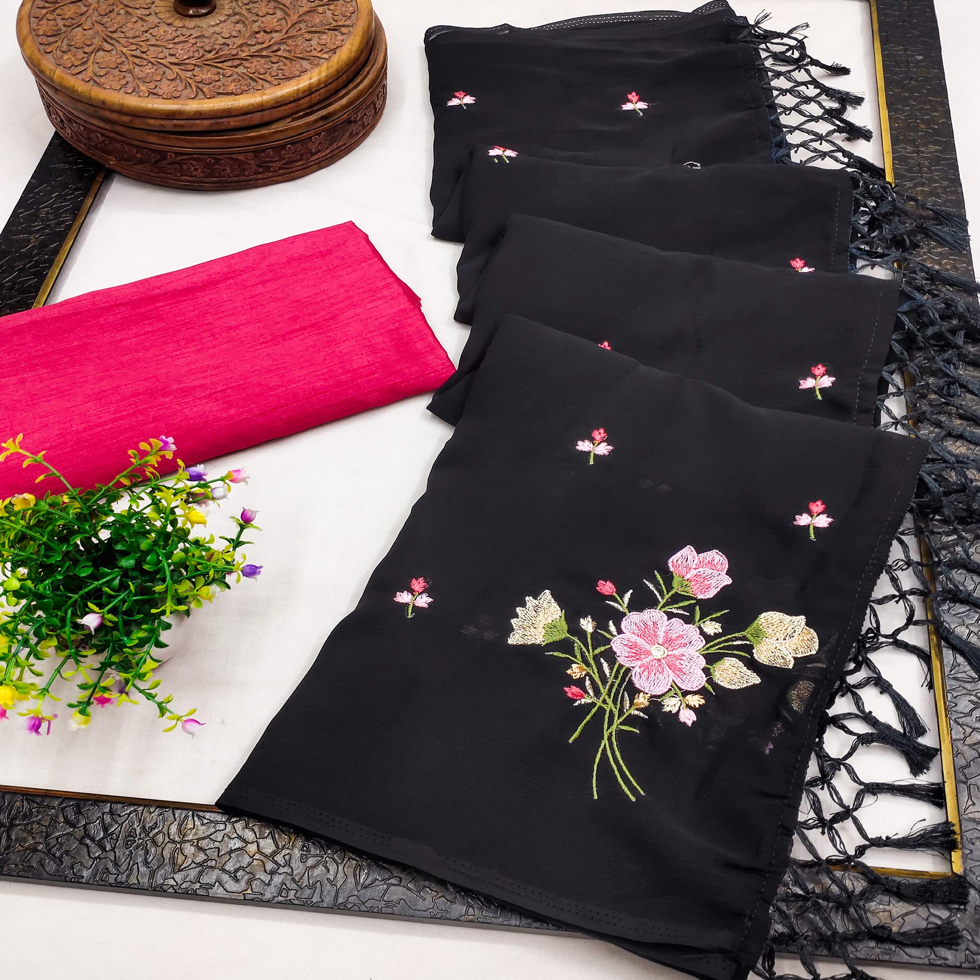 Black Floral Embroidered Art Silk Saree