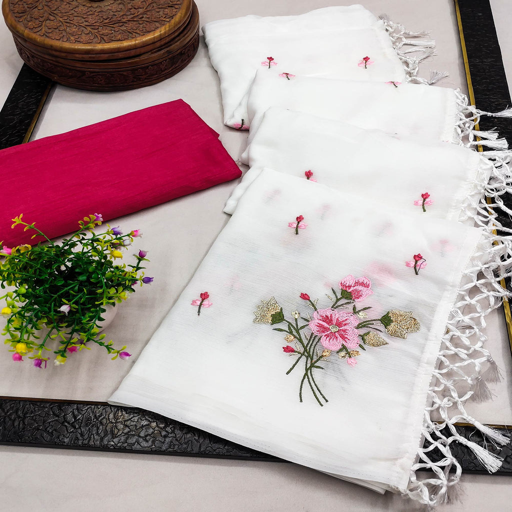 Pearl White and Red Digital Printed Art Silk Saree with Unstitch Blouse