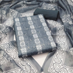 Grey Floral Printed Chanderi Dress Material