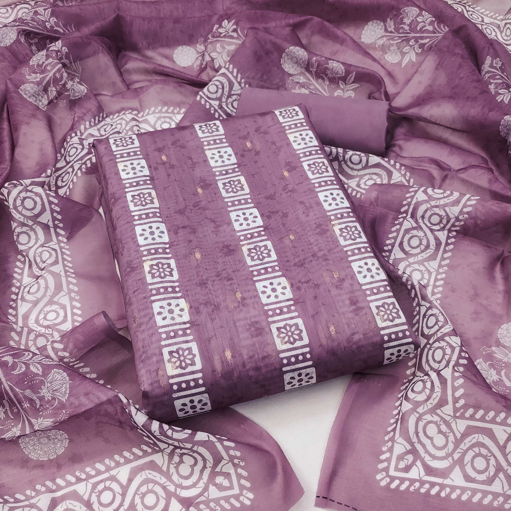 Purple Floral Printed Chanderi Dress Material