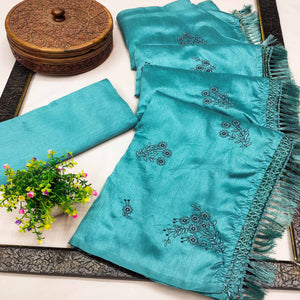 Aqua Blue Floral Embroidered Art Silk Saree With Tassels
