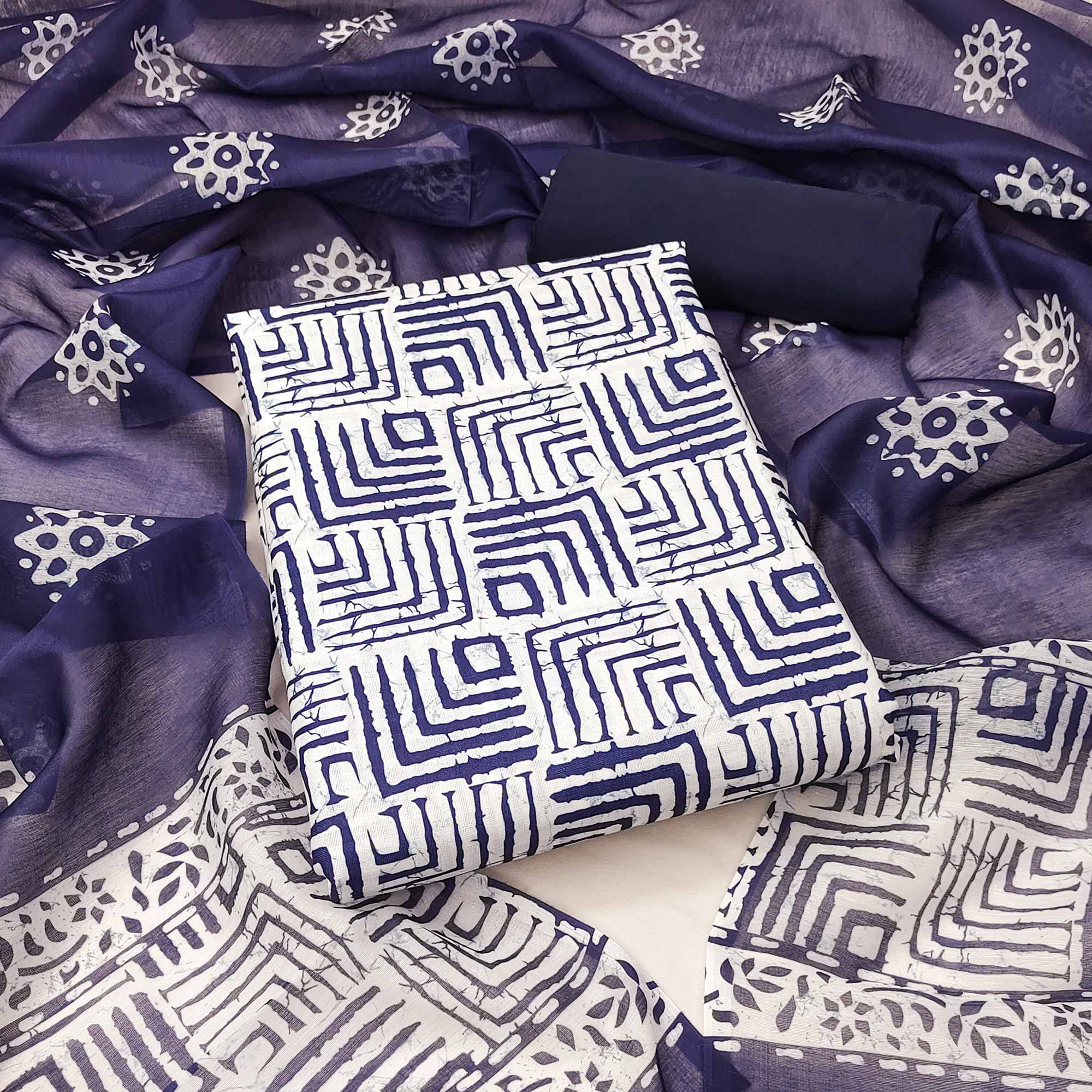 Blue Geometric Printed Pure Cotton Dress Material