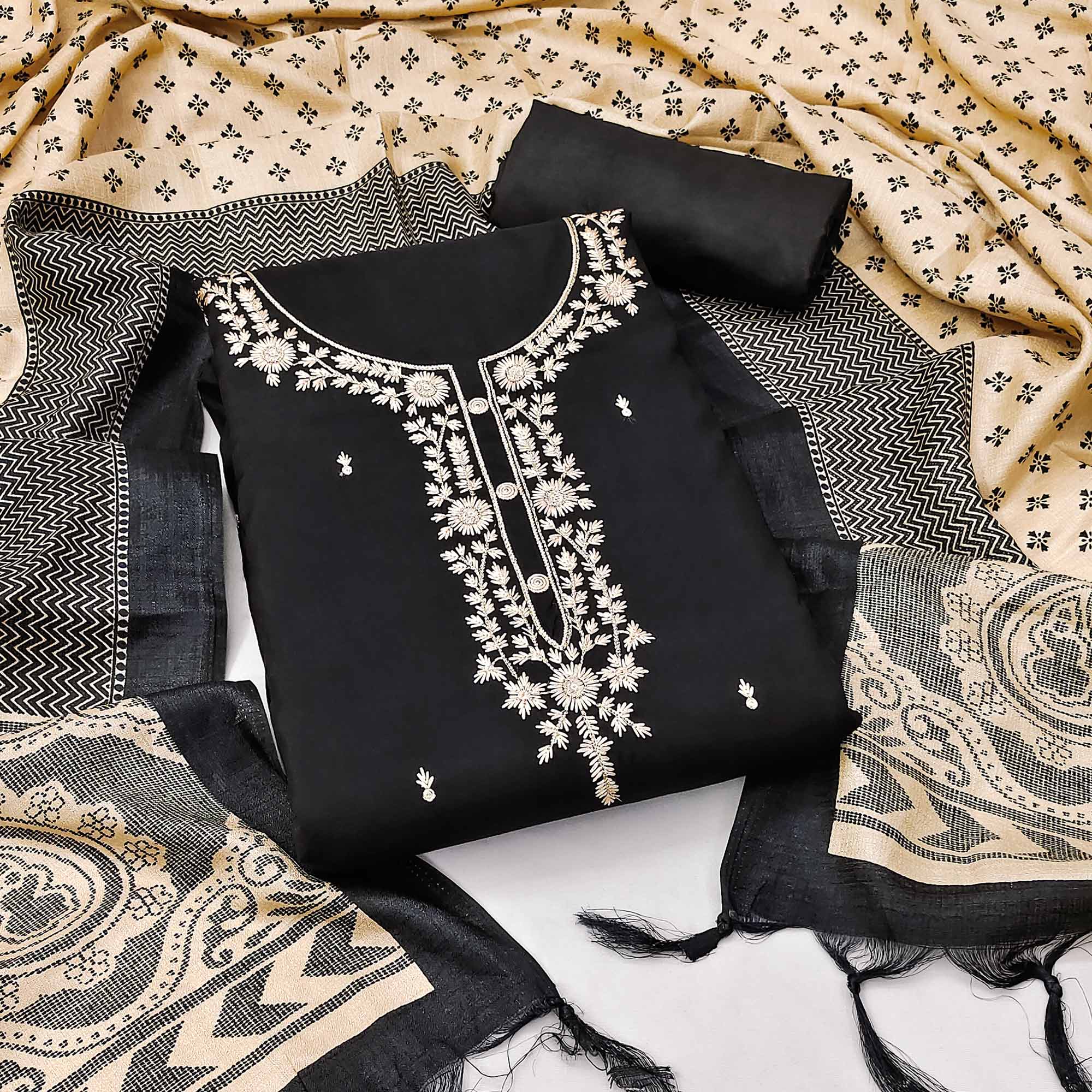 Black Embroidered Viscose Dress Material