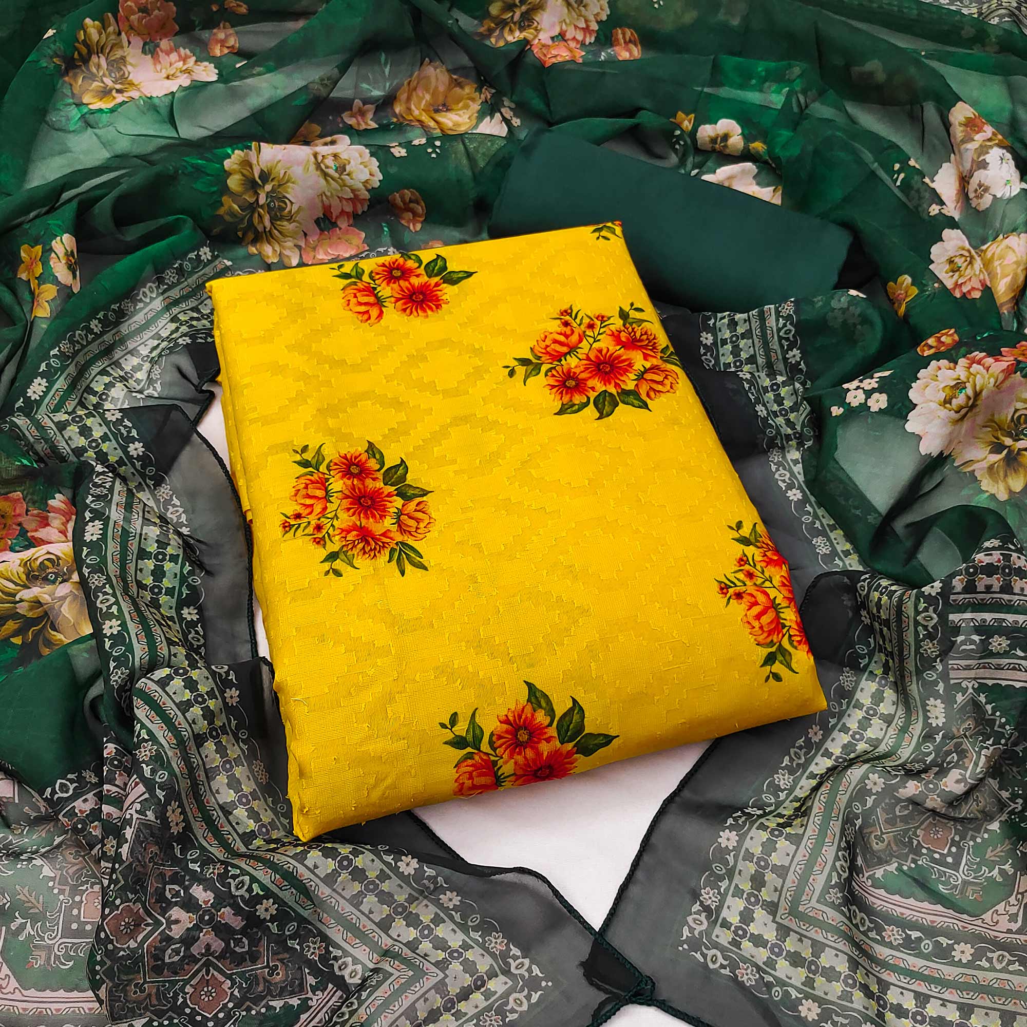Yellow Floral Printed Pure Cotton Dress Material