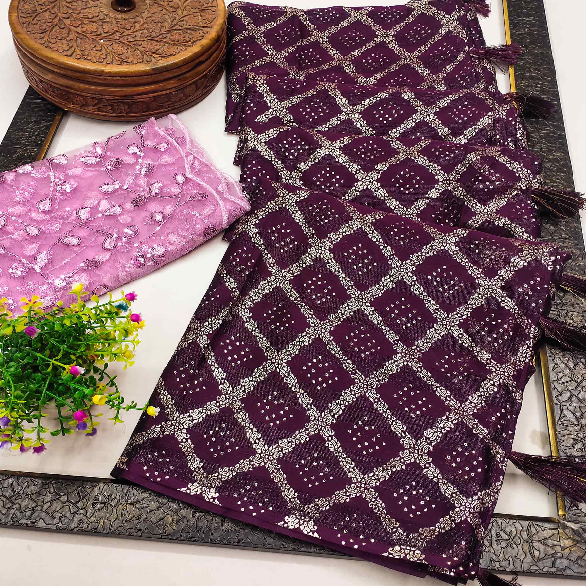 Wine Foil Printed Chiffon Saree