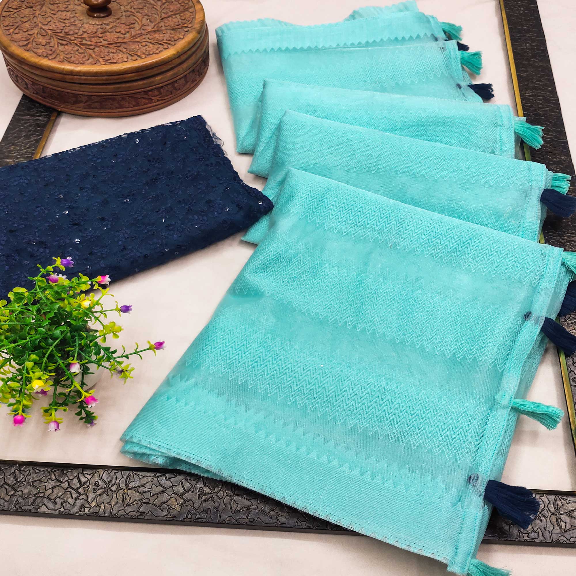 Sea Blue Woven Net Saree With Tassels