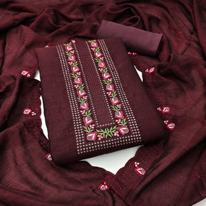 Brown Embroidered Vichitra Silk Dress Material