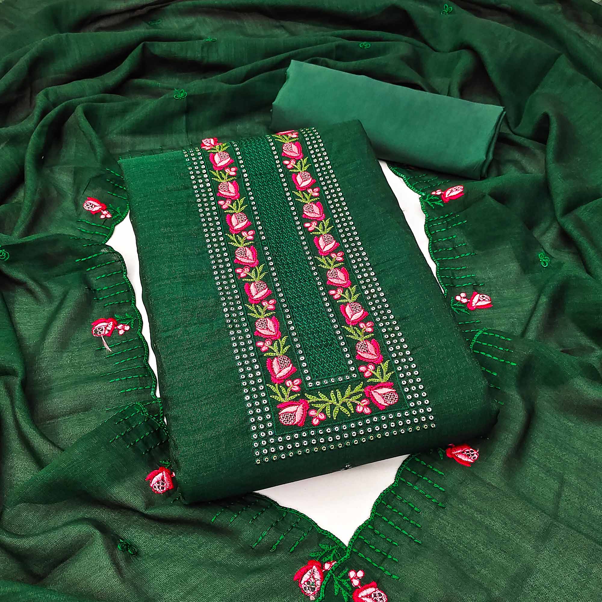 Green Embroidered Vichitra Silk Dress Material