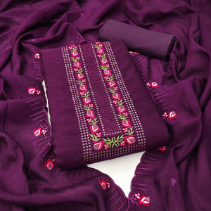 Purple Embroidered Vichitra Silk Dress Material