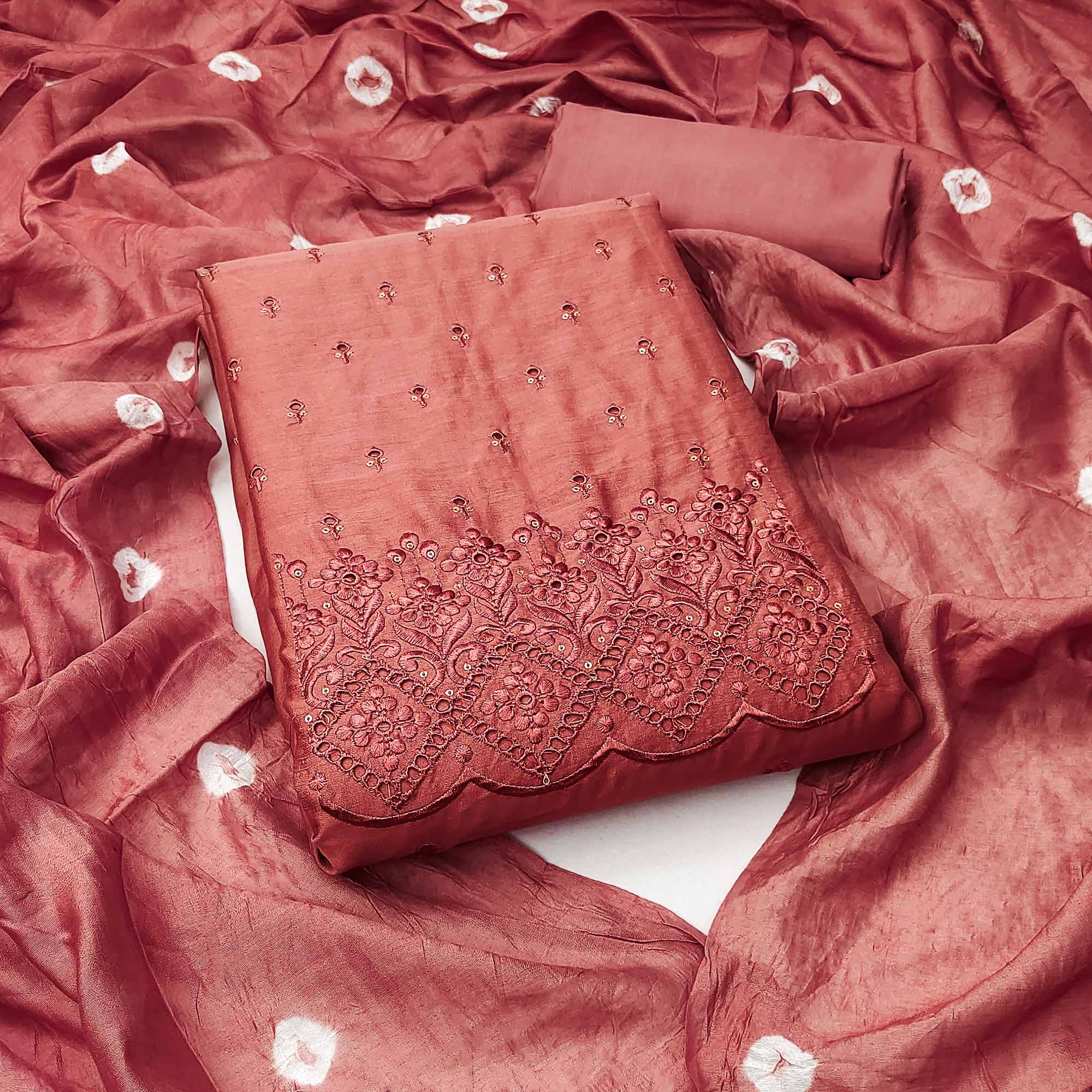 Peach Embroidered Cotton Blend Dress Material