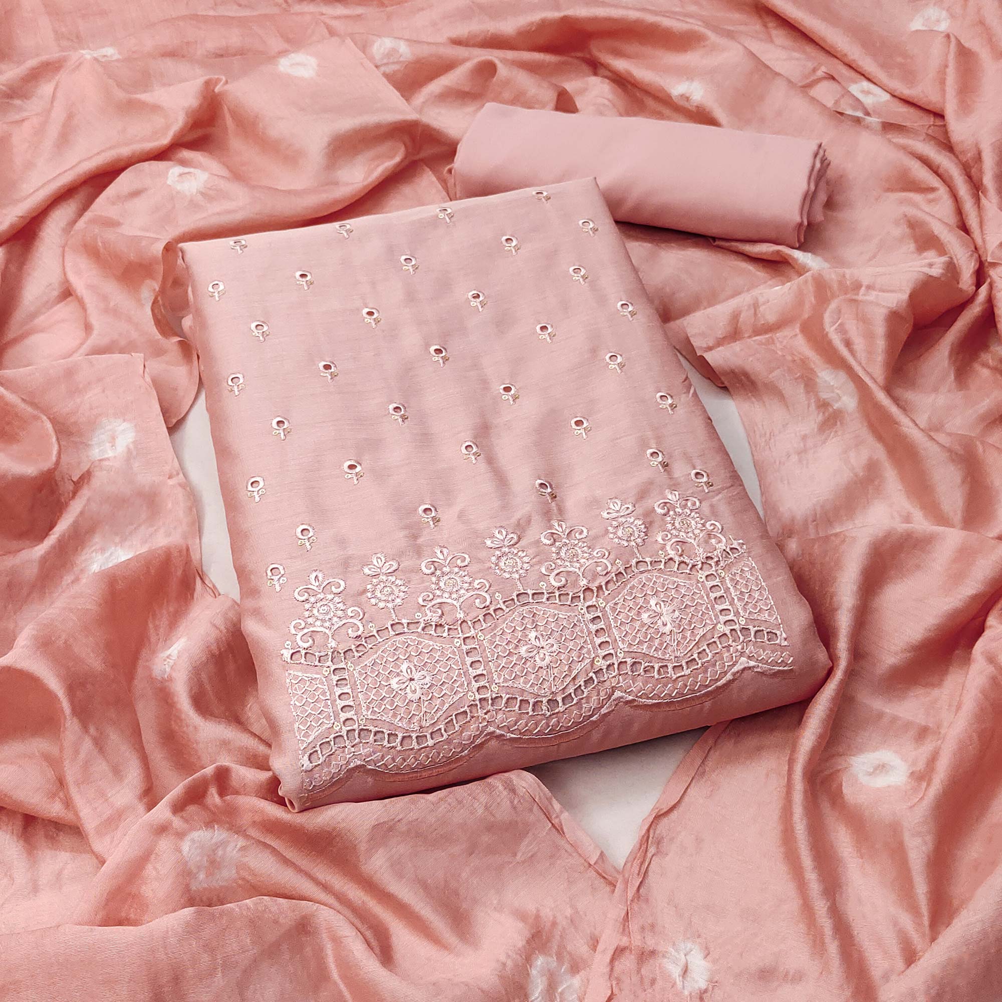 Peach Embroidered Cotton Blend Dress Material