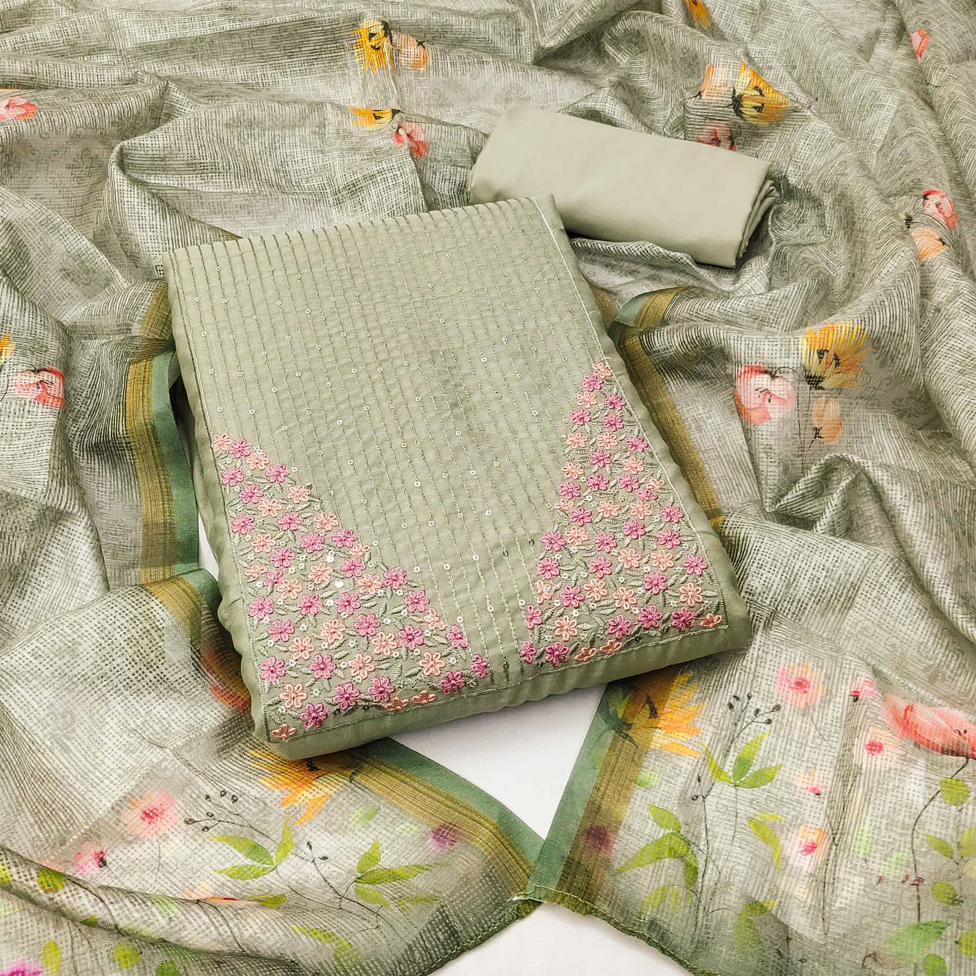 Green Floral Embroidered Pure Cotton Dress Material