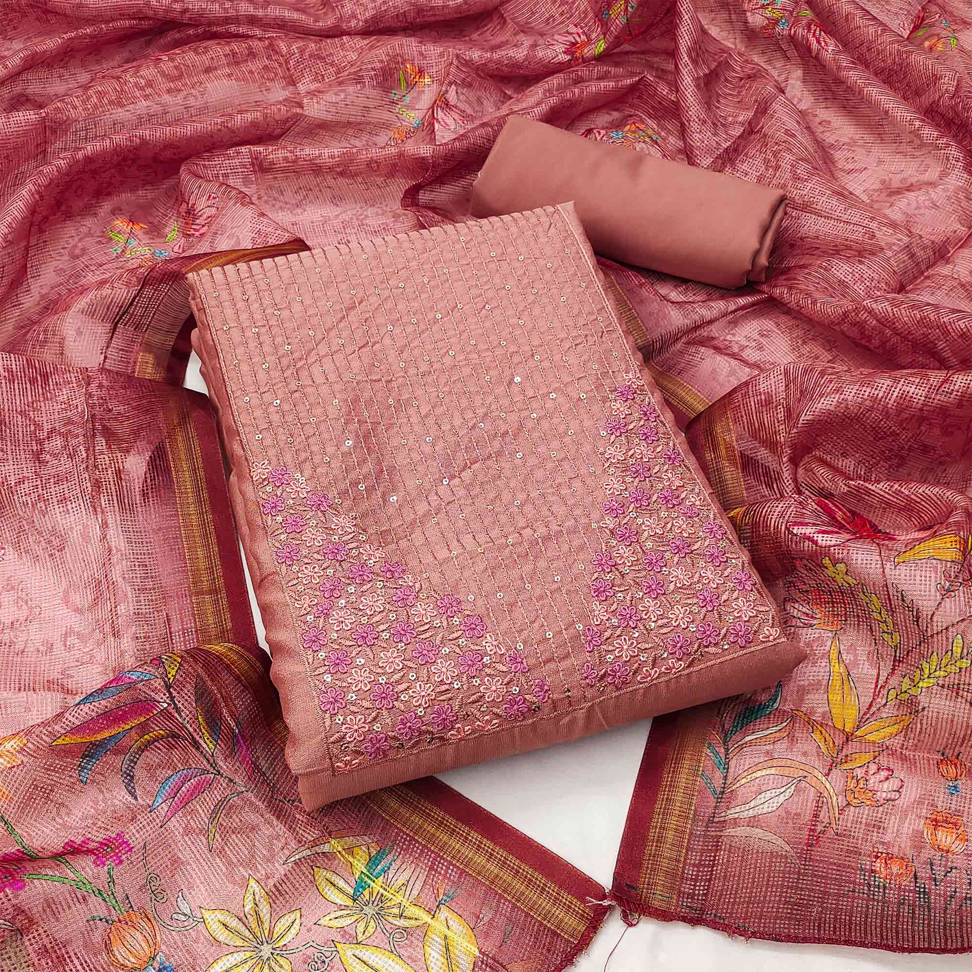 Peach Floral Embroidered Pure Cotton Dress Material