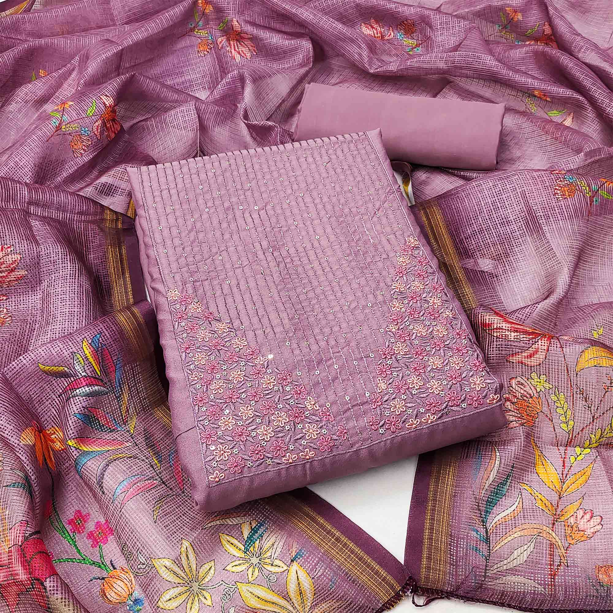 Purple Floral Embroidered Pure Cotton Dress Material