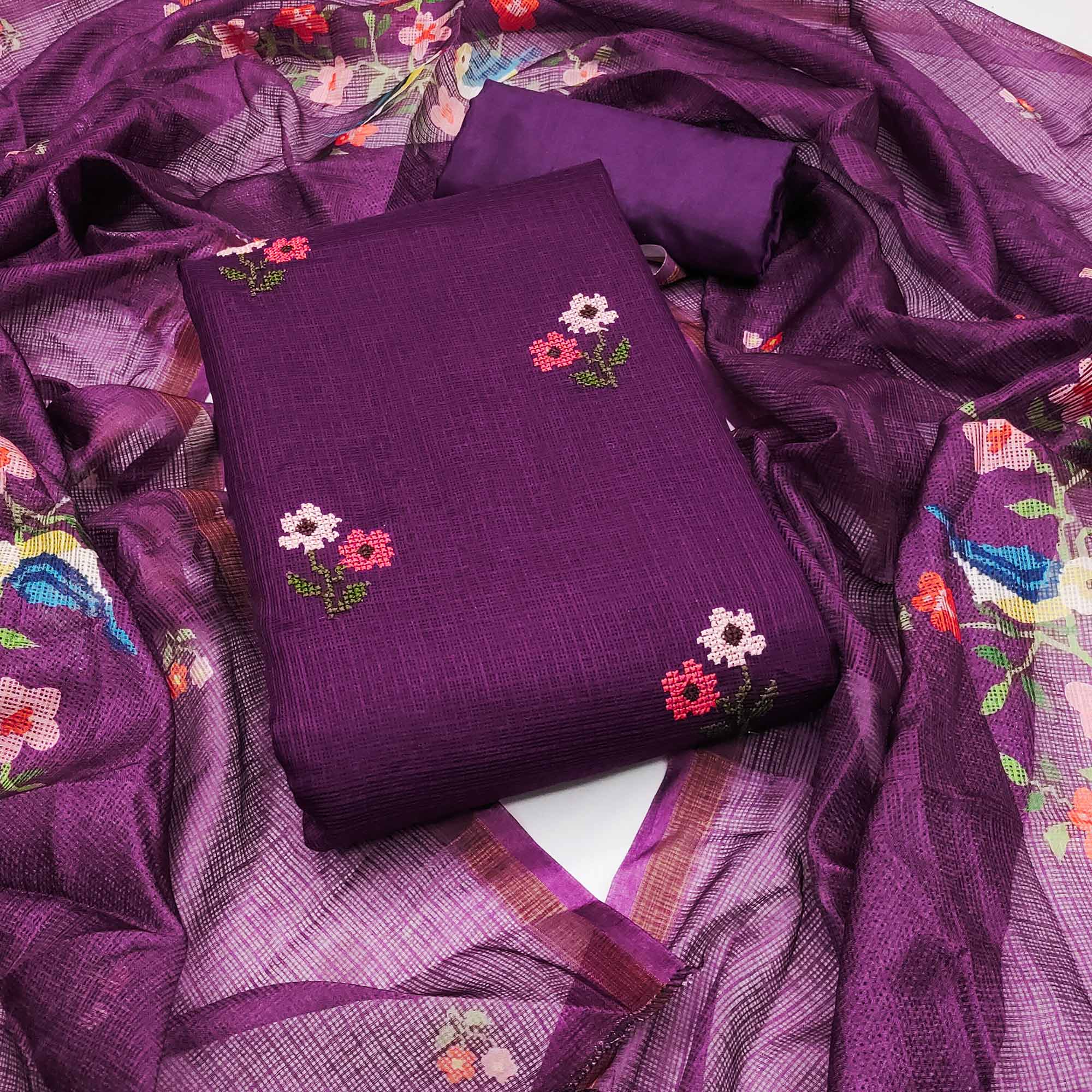 Dark Purple Floral Embroidered Kota Doria Dress Material