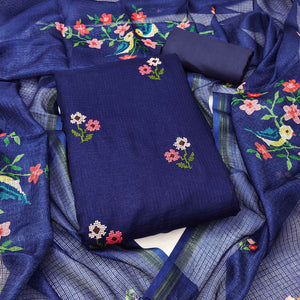 Navy Blue Floral Embroidered Kota Doria Dress Material
