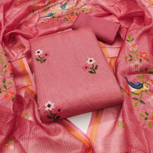 Peach Floral Embroidered Kota Doria Dress Material