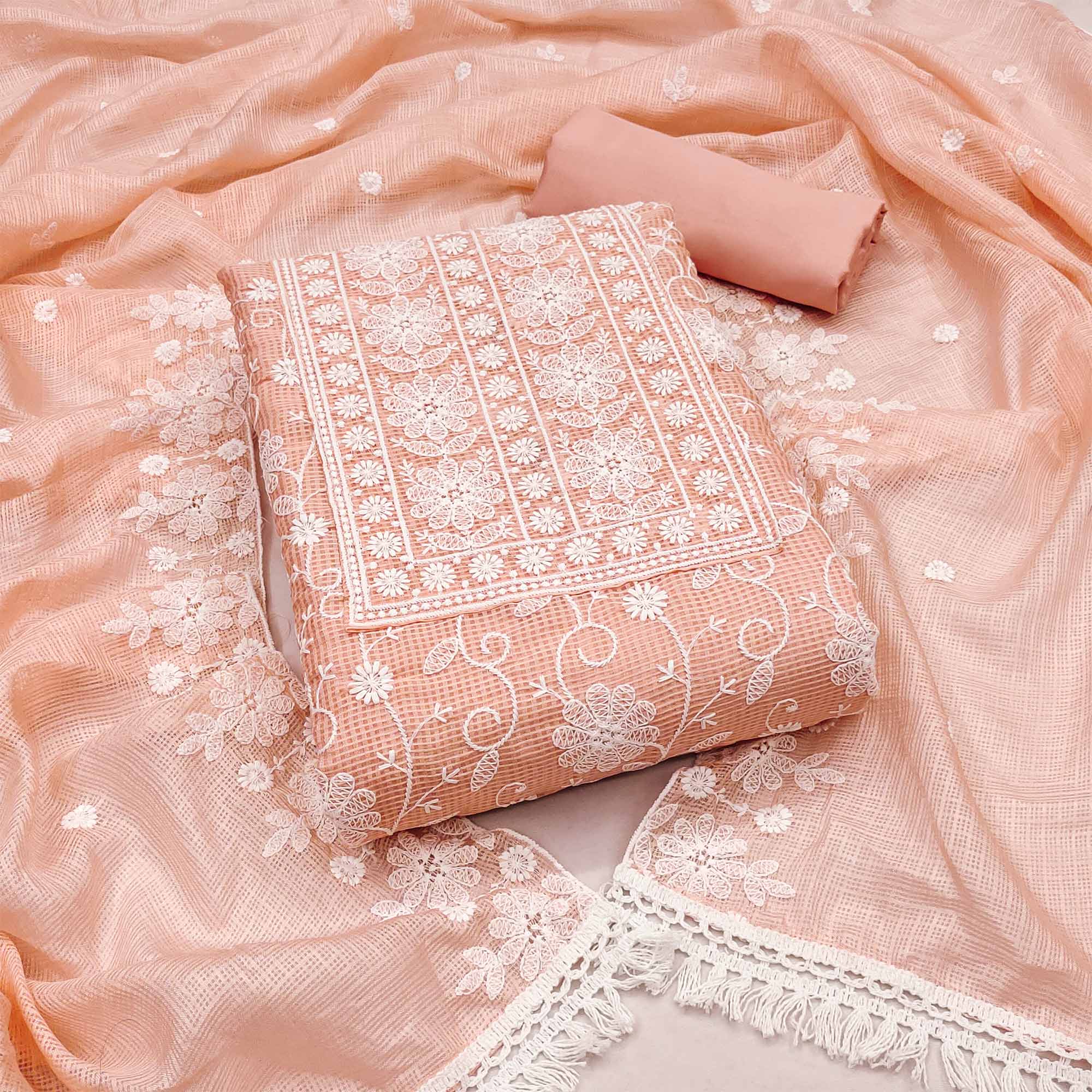 Peach Floral Embroidered Kota Doria Dress Material