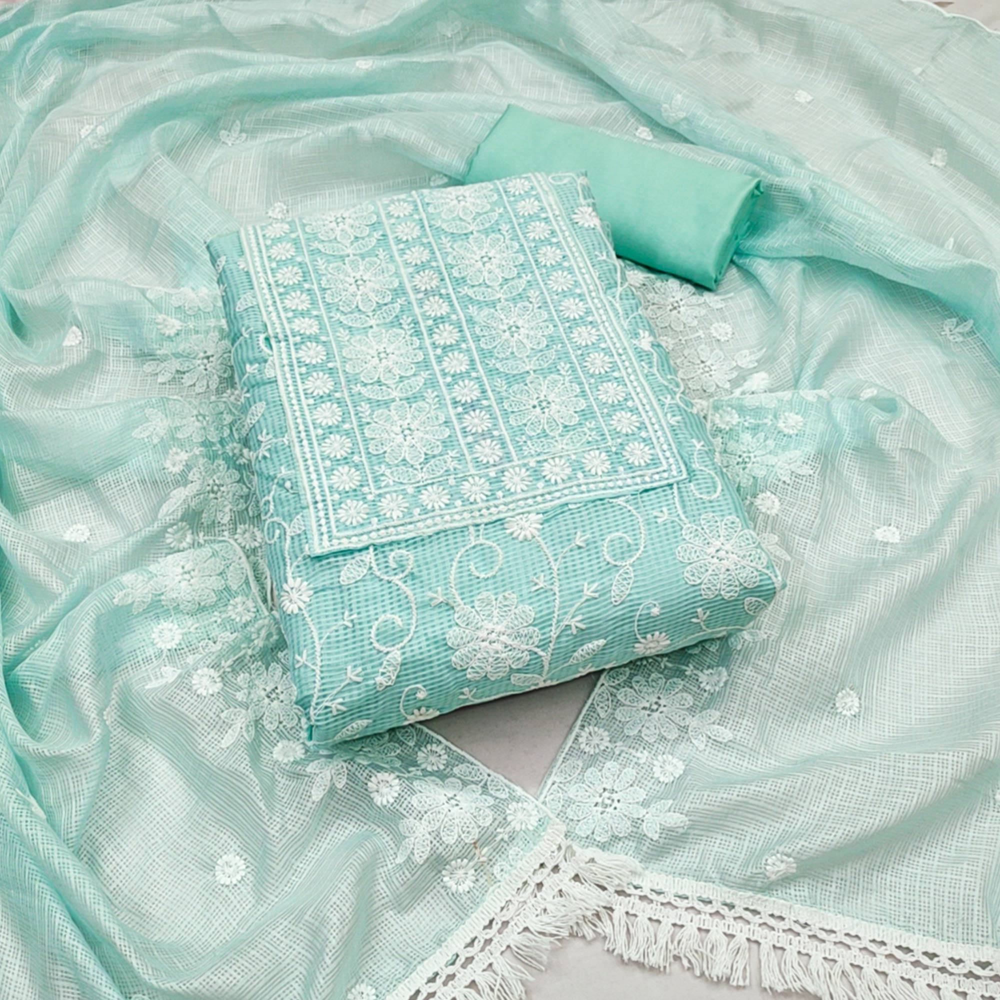 Sea Green Floral Embroidered Kota Doria Dress Material