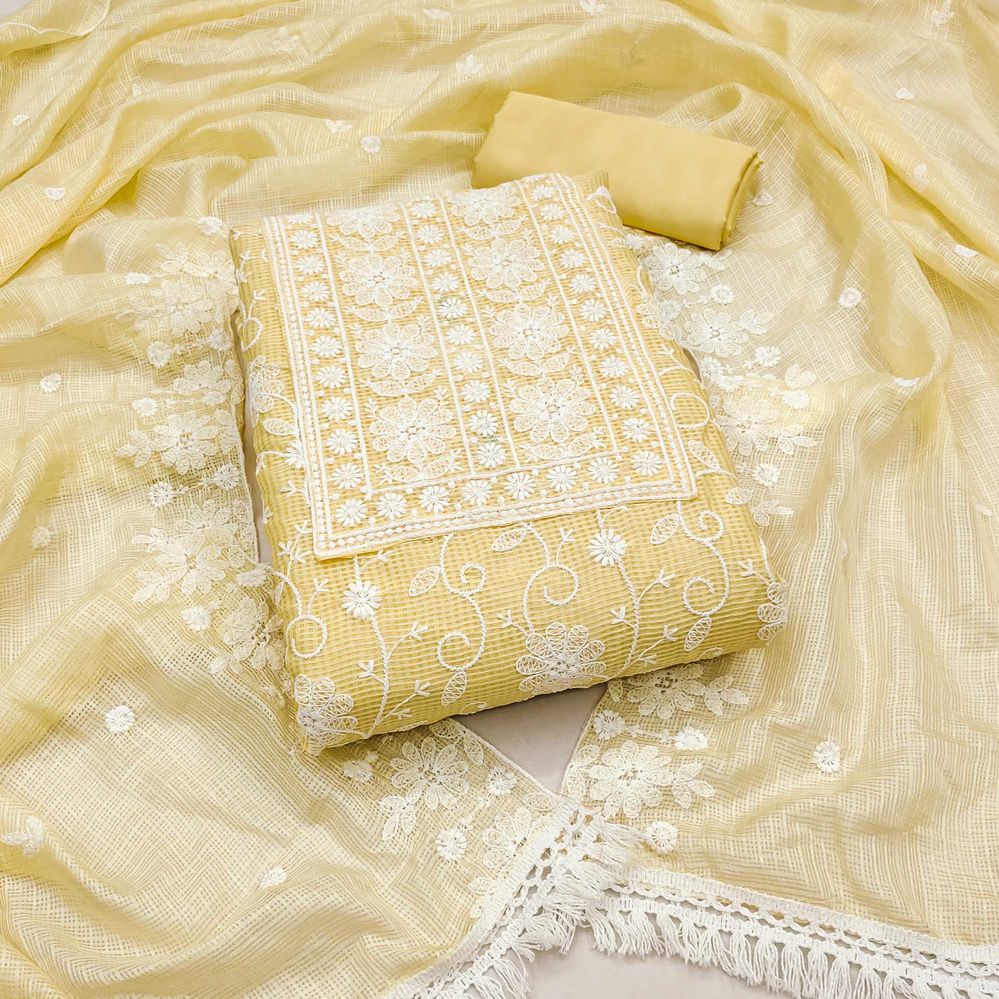 Yellow Floral Embroidered Kota Doria Dress Material