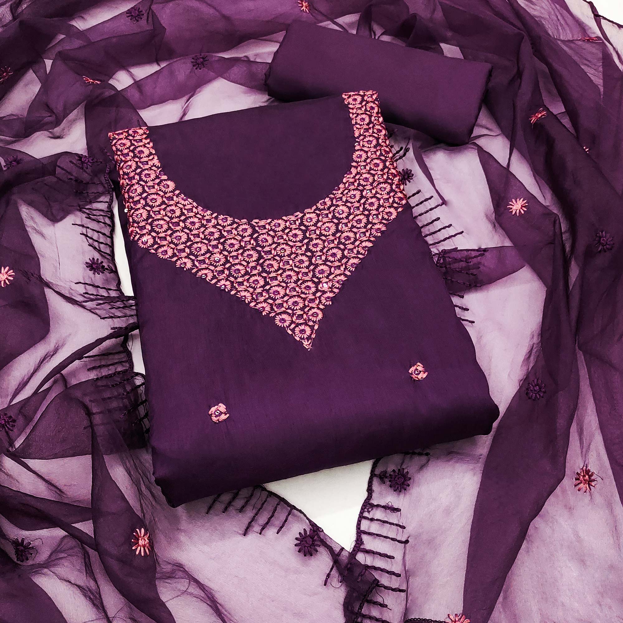 Purple Floral Embroidered Art Silk Dress Material