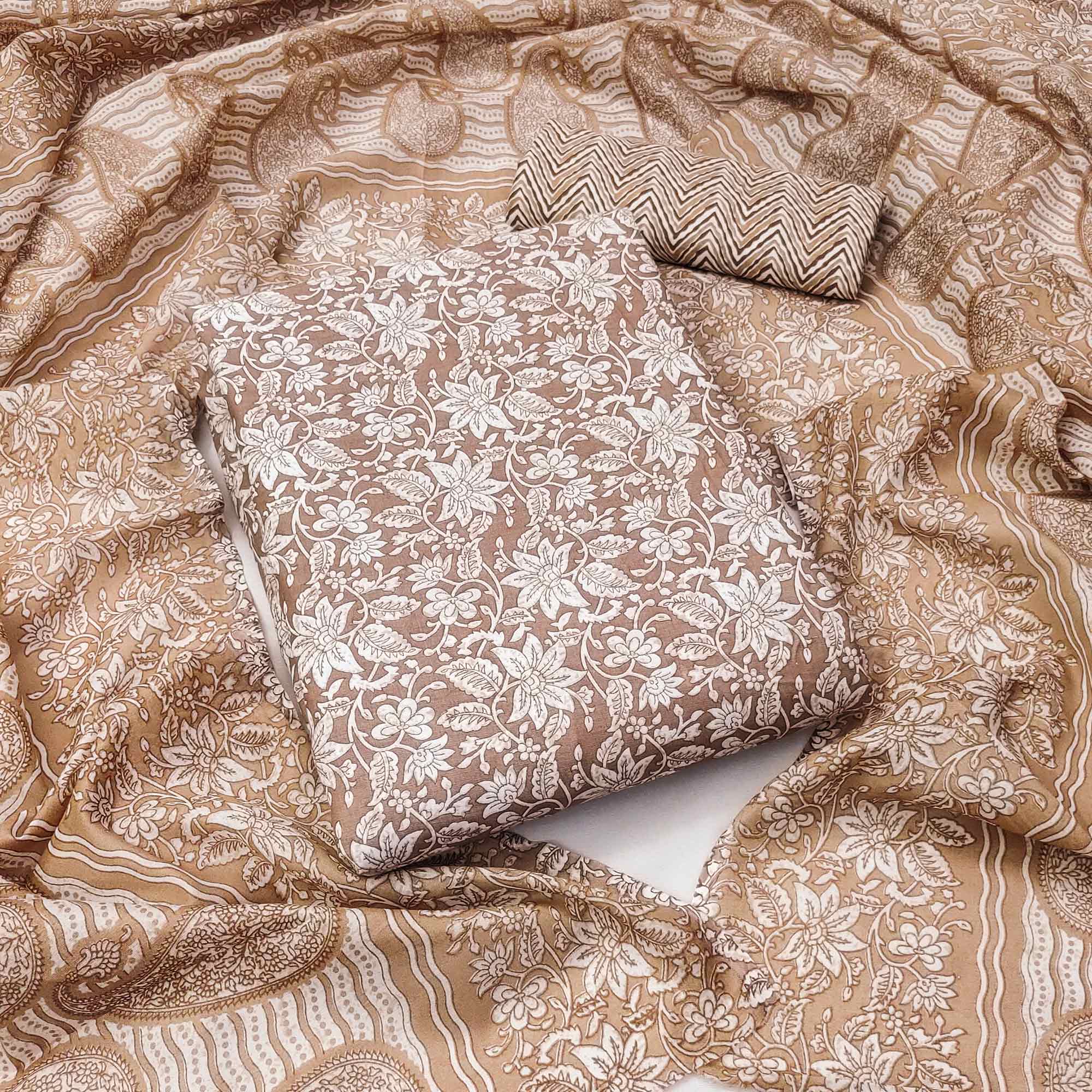 Brown Floral Printed Pure Cotton Dress Material