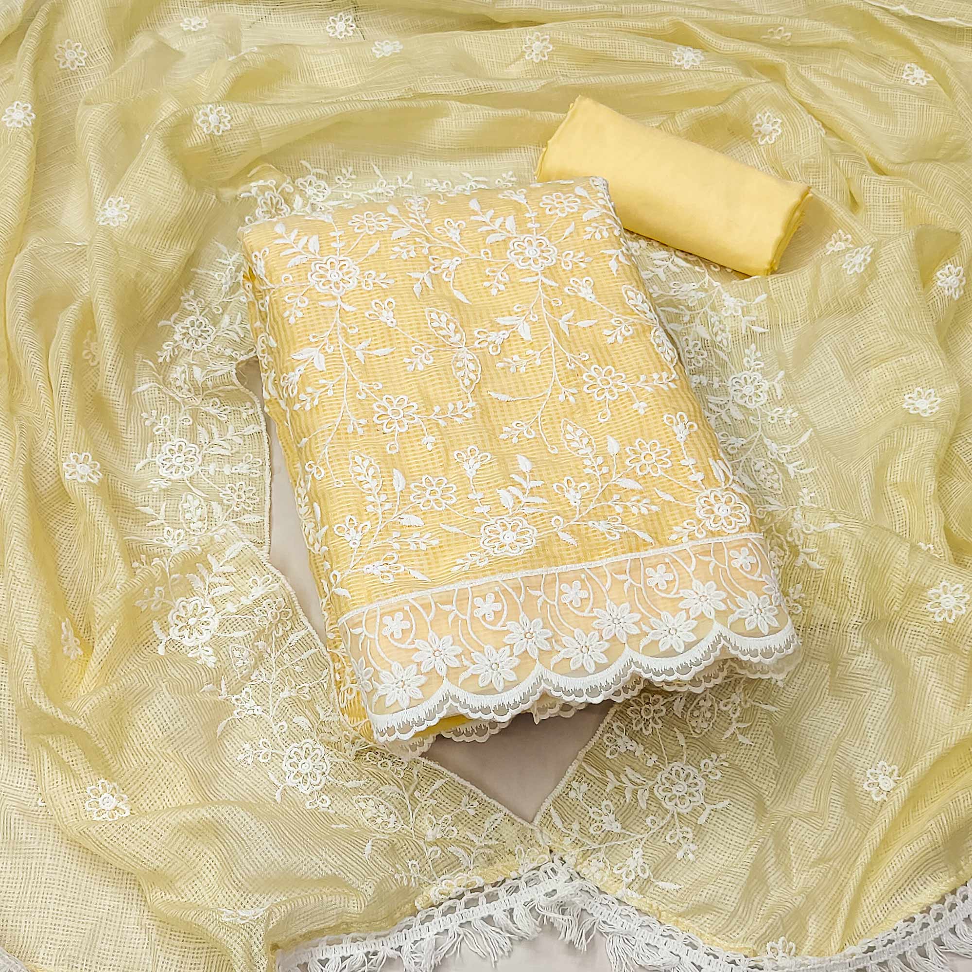 Yellow Floral Embroidered Kota Doria Dress Material