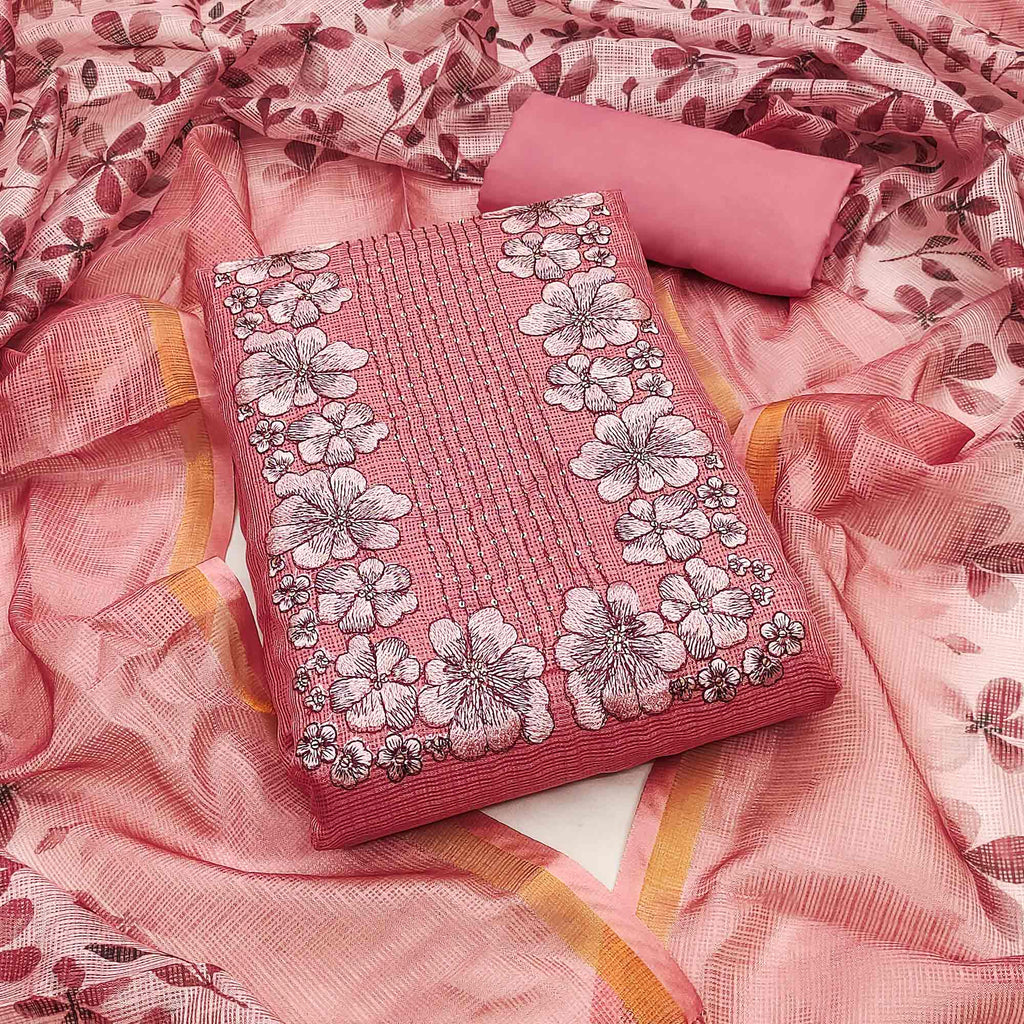 Peach Base White Bell Chikankari Embroidery Kota Doria Dress Material main image 0