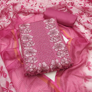 Pink Floral Embroidered Kota Doria Dress Material