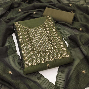 Green Floral Embroidered Cotton Blend Dress Material