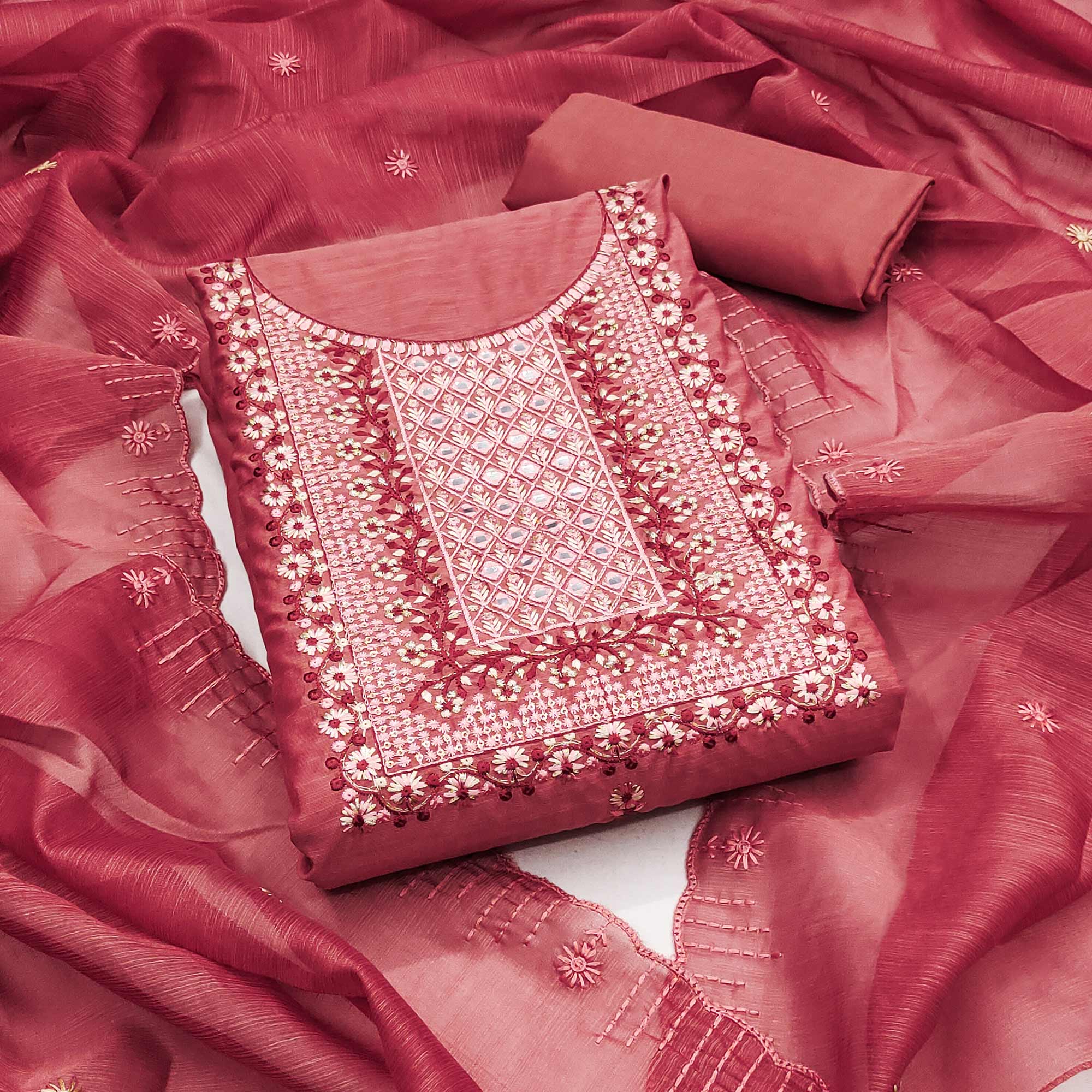 Red Floral Embroidered Cotton Blend Dress Material