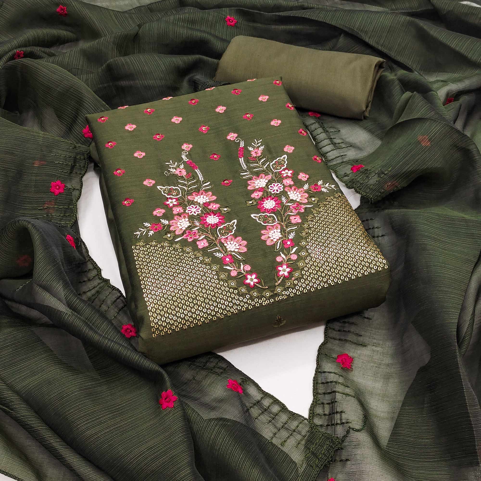 Green Floral Embroidered Cotton Blend Dress Material