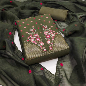 Green Floral Embroidered Cotton Blend Dress Material