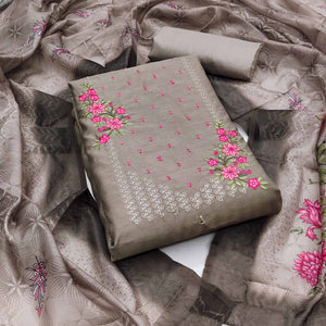 Brown Floral Embroidered Cotton Blend Dress Material