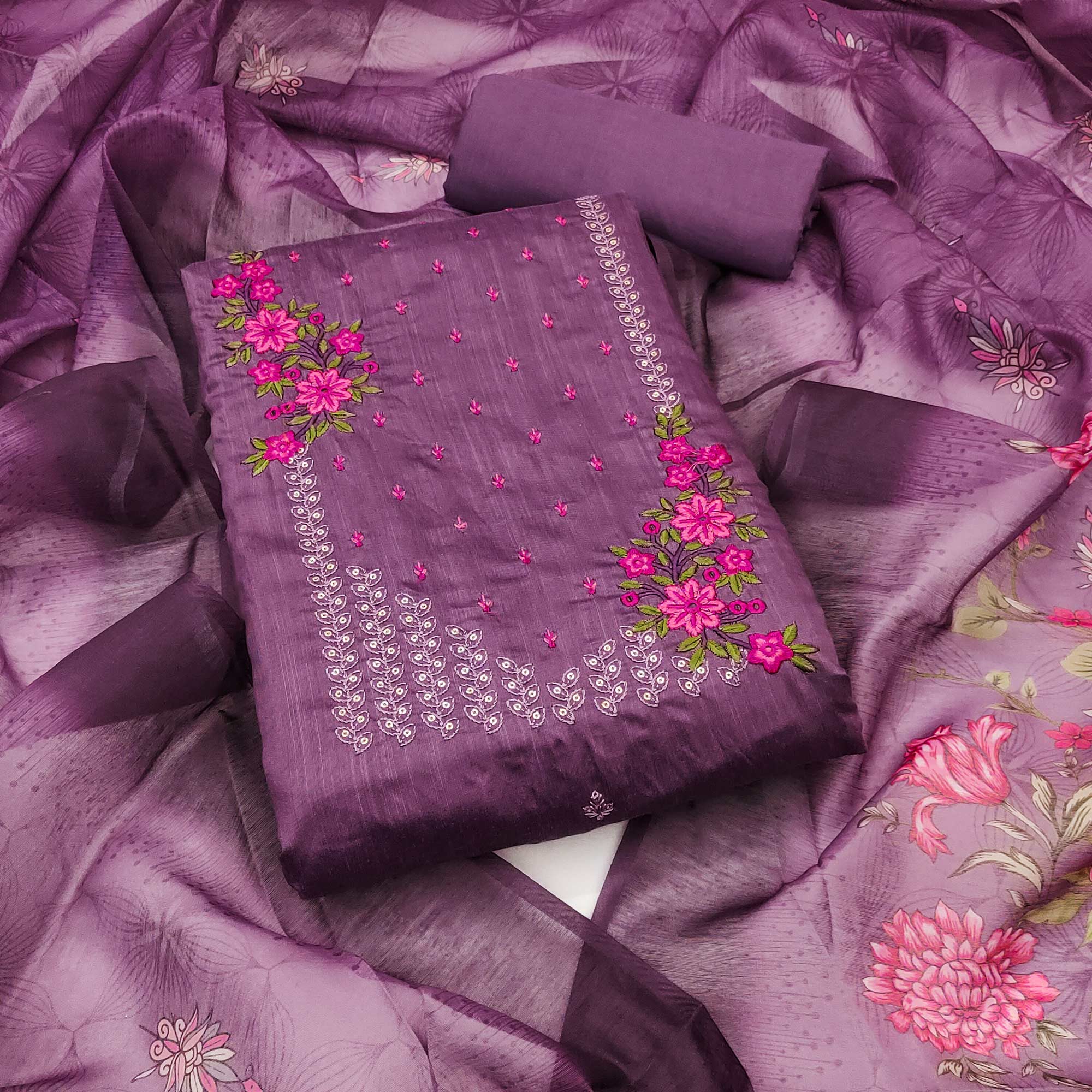 Dark Purple Floral Embroidered Cotton Blend Dress Material
