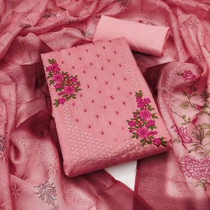 Light Peach Floral Embroidered Cotton Blend Dress Material